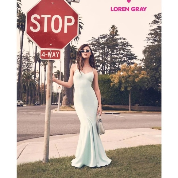 Betsey Johnson x Loren Gray 'Pearl Plunge' Light Aqua Blue Maxi Dress Sz 2 NWT - Picture 3 of 12